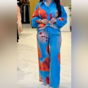Vibrant Blue and Orange Floral Pants Set XL